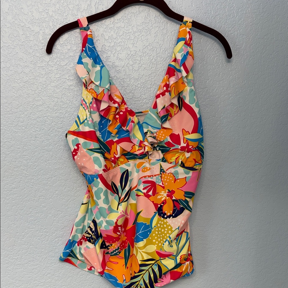 Aqua Eve Ruffled Multicolored Tropical Floral Print Swim Tank Size Large